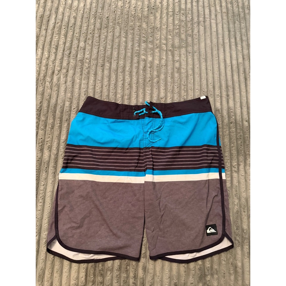 Quiksilver Mens Striped Board Shorts Blue Grey Black Swim Trunks Size 36 x 20